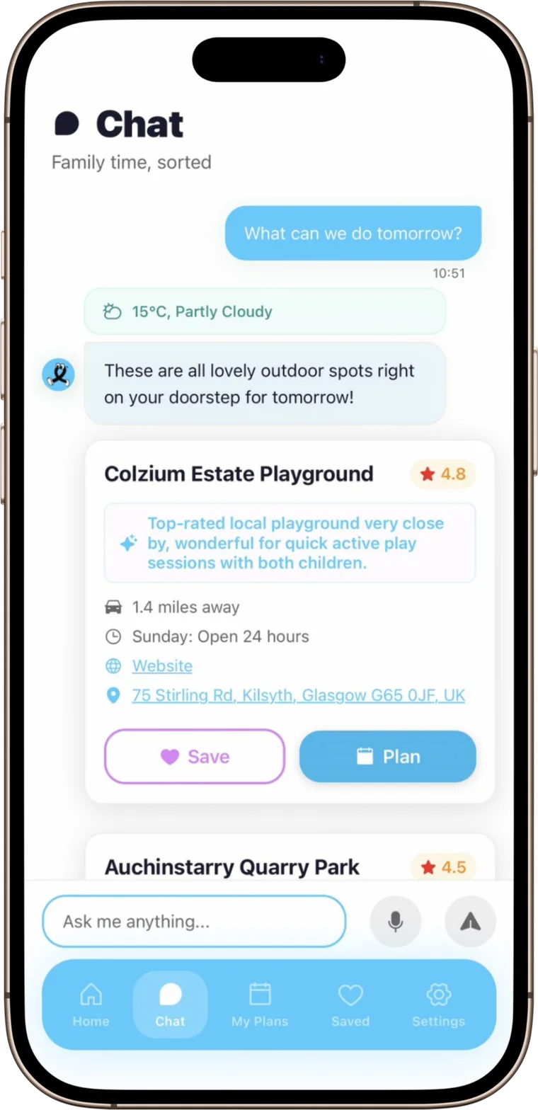 Taylee chat suggesting Colzium Estate Playground