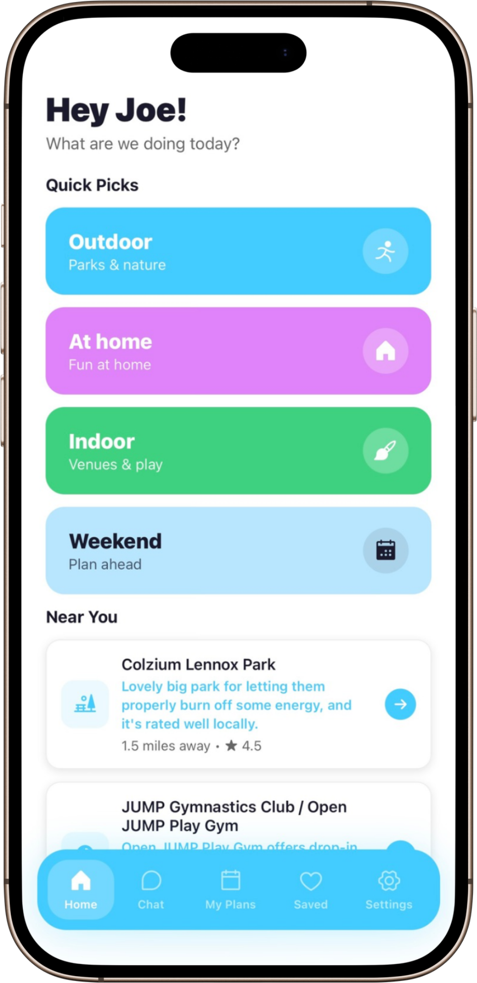 Taylee app home screen showing quick activity picks and nearby suggestions